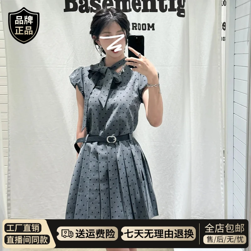2025新款泡泡袖灰色波点连衣裙子女夏法式气质甜美百褶裙收腰短裙