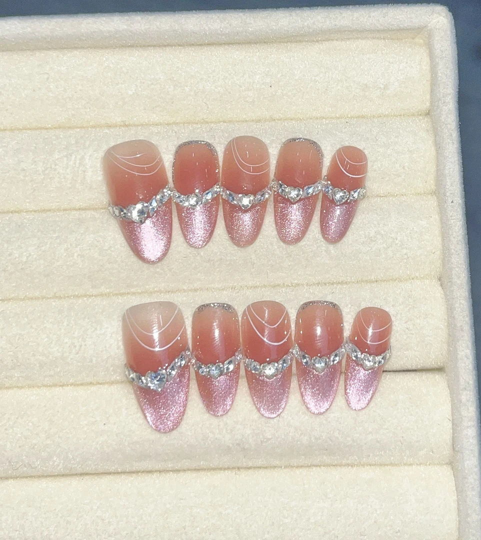 【粉梦星辰】珍珍手工穿戴甲气质粉法式猫眼爆闪镶钻可拆卸美甲贴片