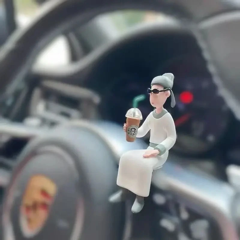 新款喝咖啡的李白摆件中控台副驾驶装饰高颜值个性手办居家小摆件