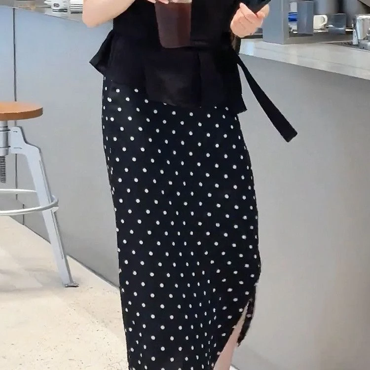 醋酸缎面波点中长款女夏季显瘦垂感直筒包臀a字半身裙