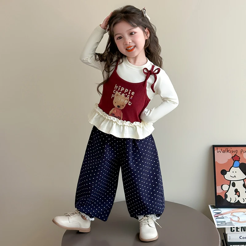 女童套装春秋款2025女宝假两件针织上衣秋装小女孩韩版休闲两件套