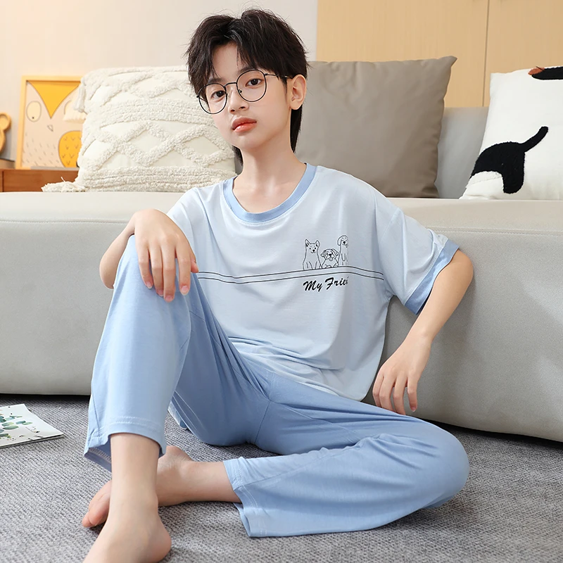 儿童优可丝短袖家居服男童冰丝薄款空调服套装大童学生青少年睡衣