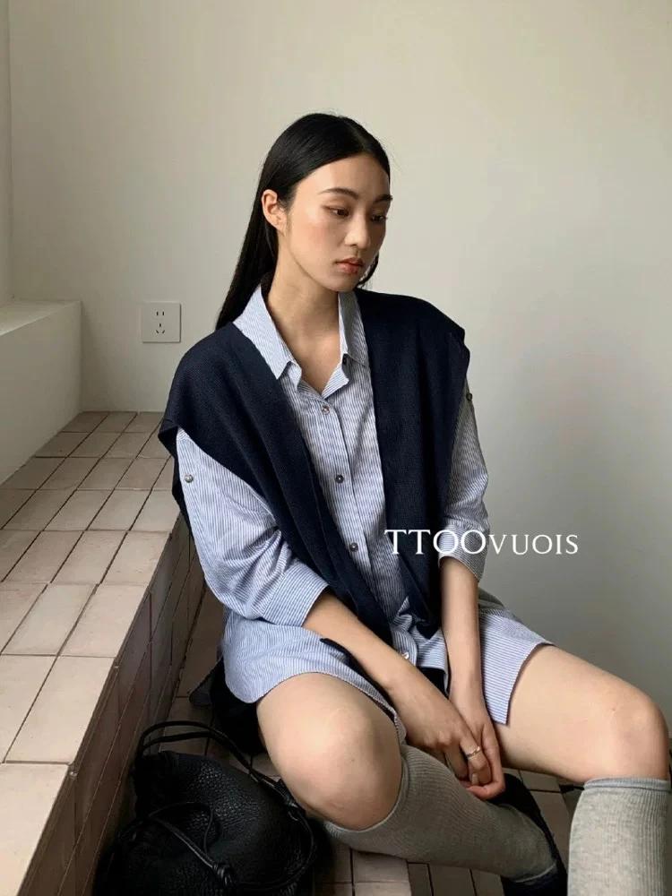 福秒-休闲七分袖条纹衬衫+针织披肩套装（TOO8822098#）TOO