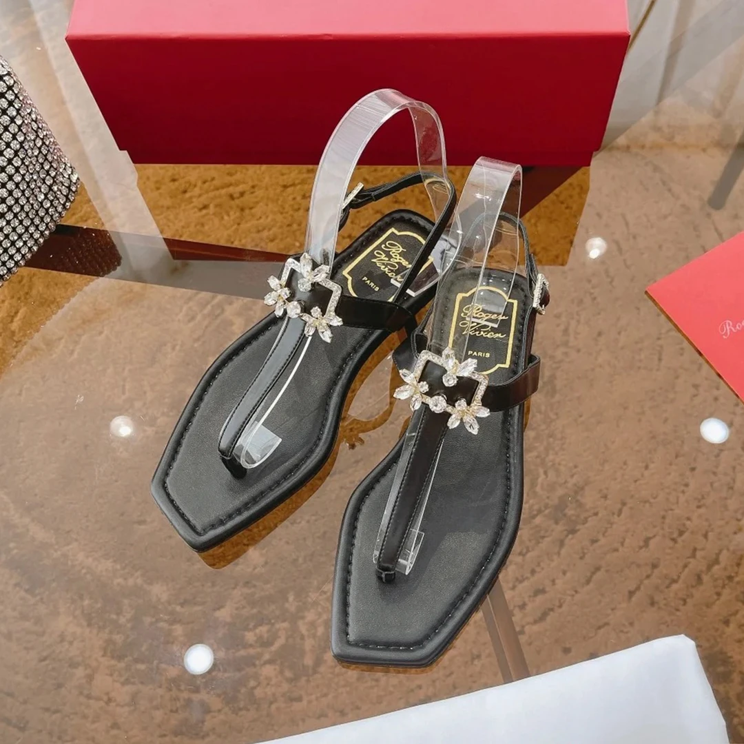 未使用 Roger Vivier/罗杰·维威耶 钻扣夹脚皮革凉拖