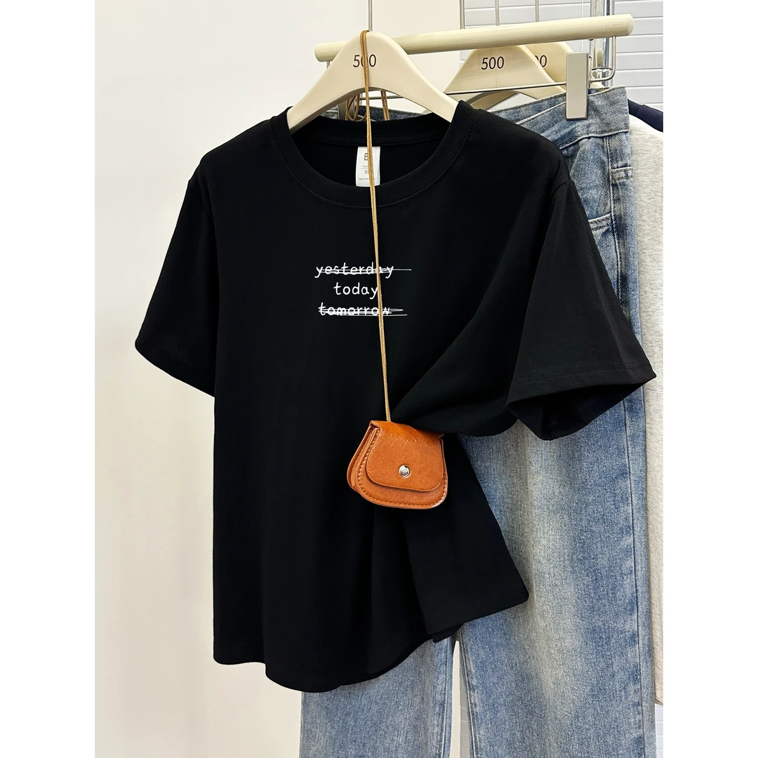 大码胖mm正肩短袖t恤女夏季新款韩版休闲简约字母印花圆领上衣