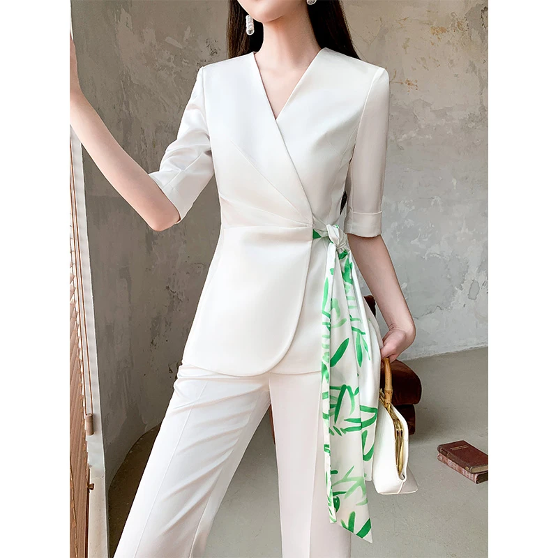 【高端气质】白色短袖西装女薄款夏款2025新款气质绑带职业西服套装