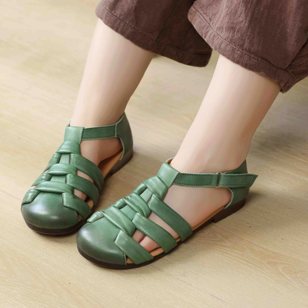 2506-1朴艺夏季休闲罗马编织包头凉鞋复古手工软底牛皮百搭女鞋