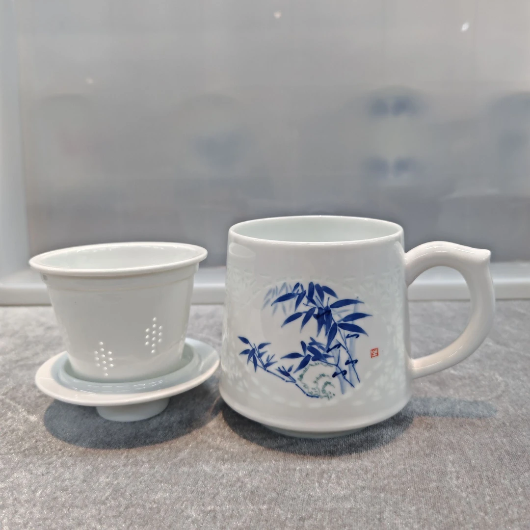 景德镇青花玲珑陶瓷杯中式高档大容量带盖茶杯伴手礼茶水杯马克杯