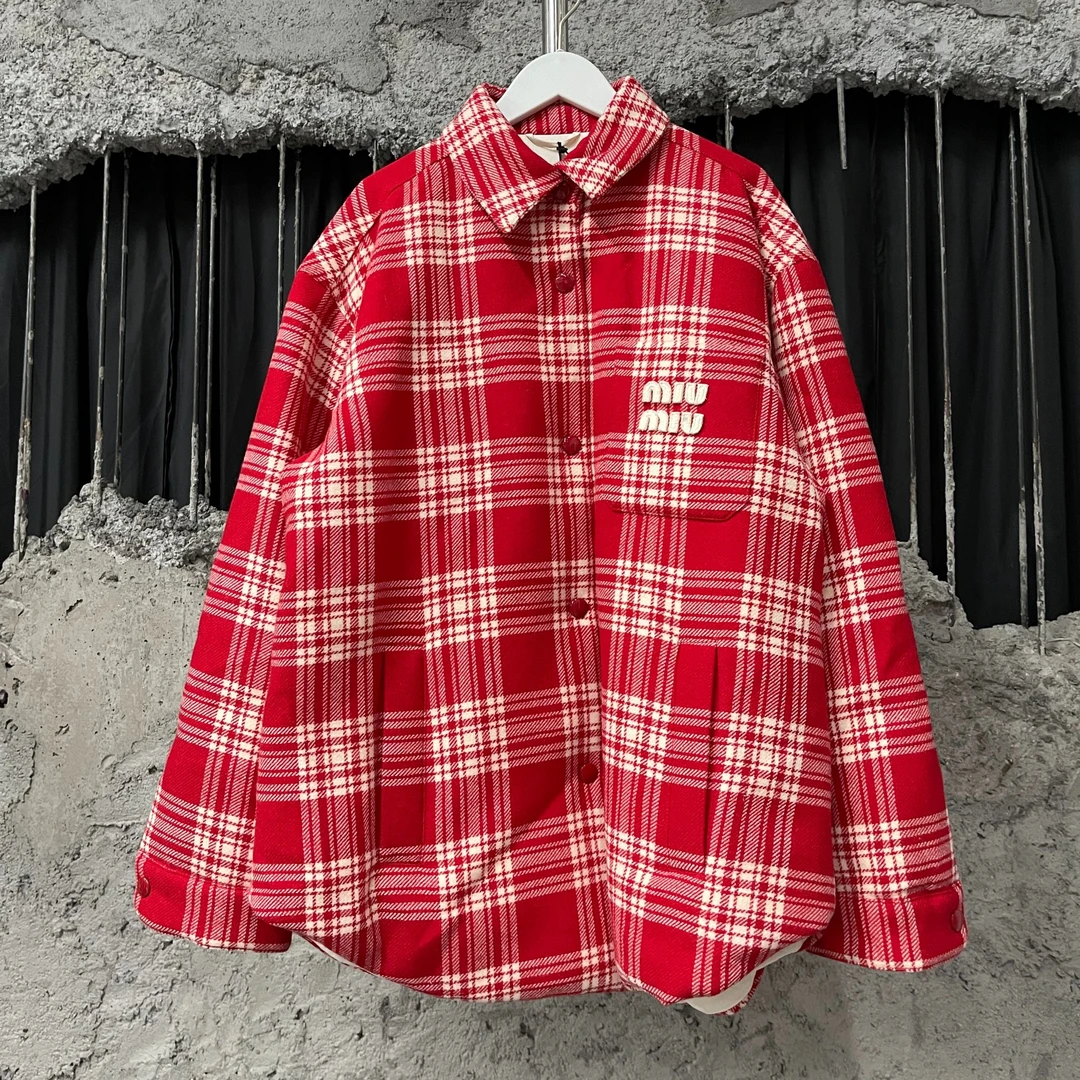 99新 MIU MIU/缪缪 红色格纹棉服/40码 复古时尚潮流百搭 GJ25400