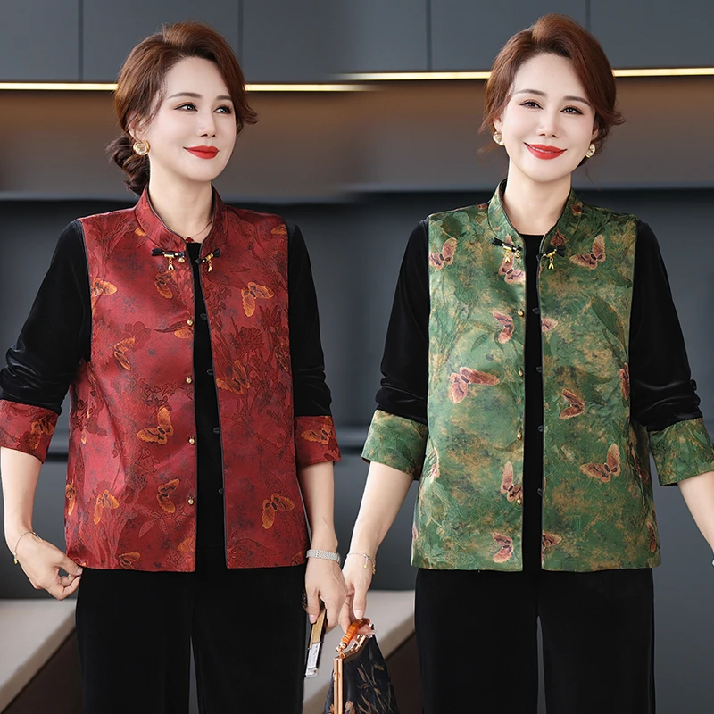 妈妈秋装新中式三件套国风马甲洋气中老年女装春秋裤子上衣服套装
