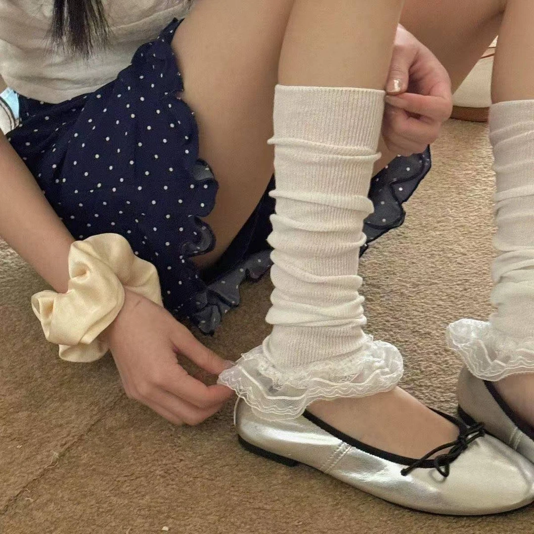 日系甜美蕾丝大花边2025春季新品纯色堆堆袜套夏季优雅少女风