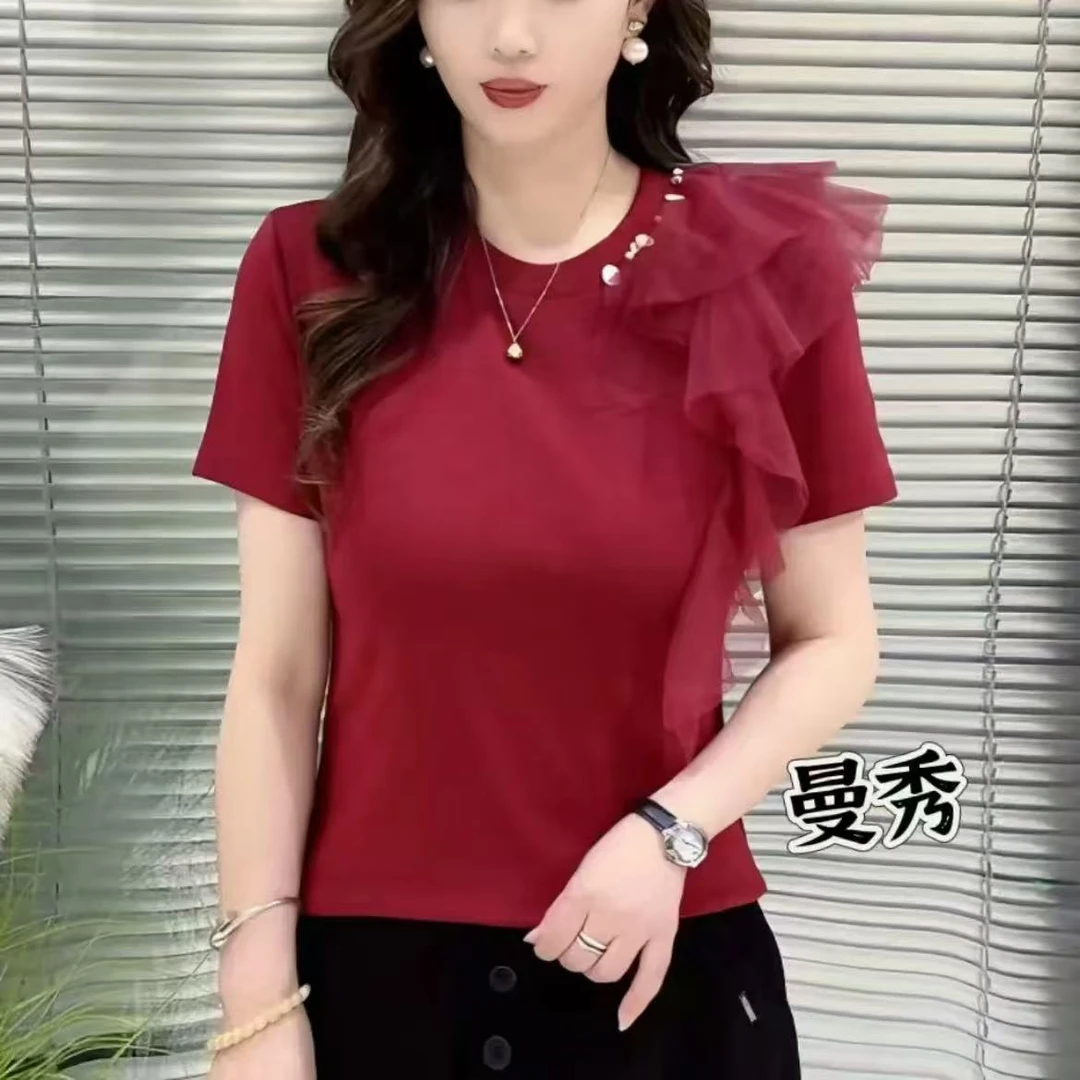 新款气质网纱钉珠设计感洋气休闲时尚短袖T恤上衣女士显瘦个性