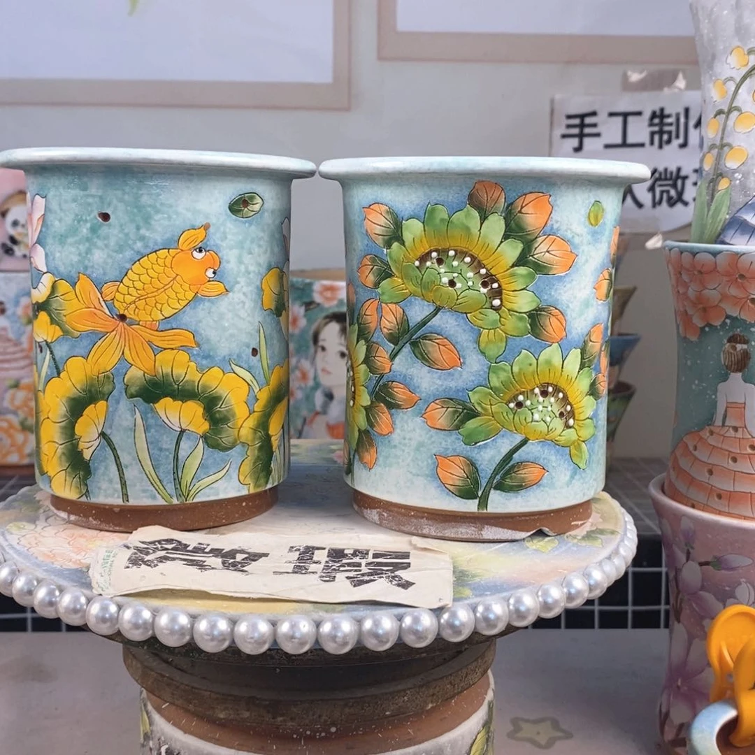 紫砂花盆敏*红陶手绘花盆