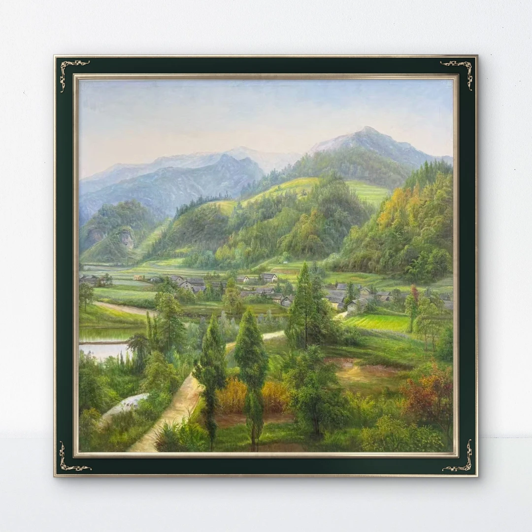 手绘油画 《山坳里的田居》收藏油画  画心尺寸100x100cm
