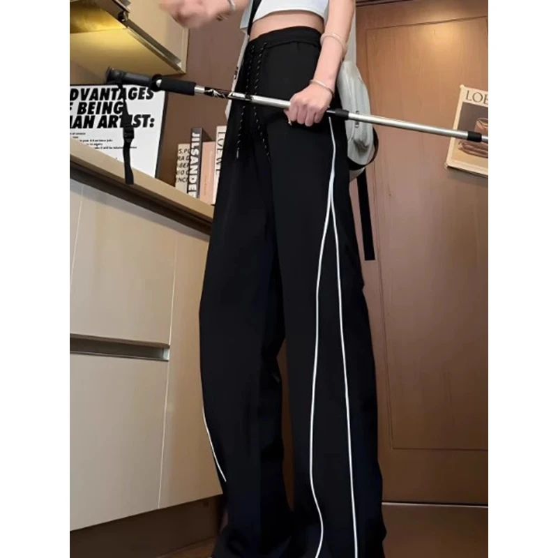 美式条纹垂感休闲裤男款夏季宽松直筒运动冰丝裤cleanfit阔腿裤子