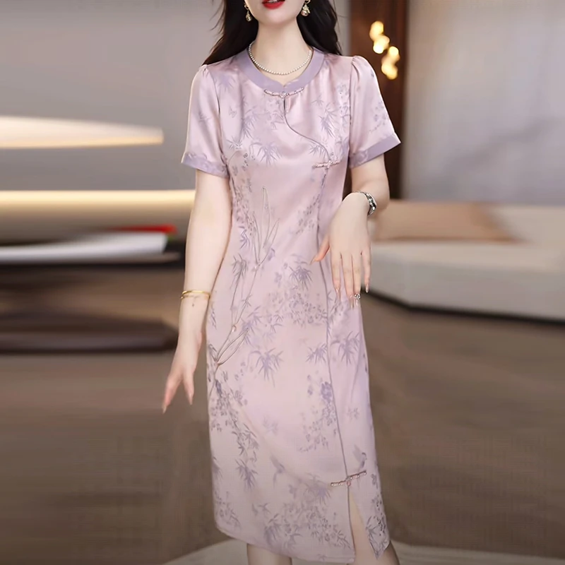2025夏季新款粉紫色缎面提花新中式旗袍减龄显瘦气质连衣裙M-4XL