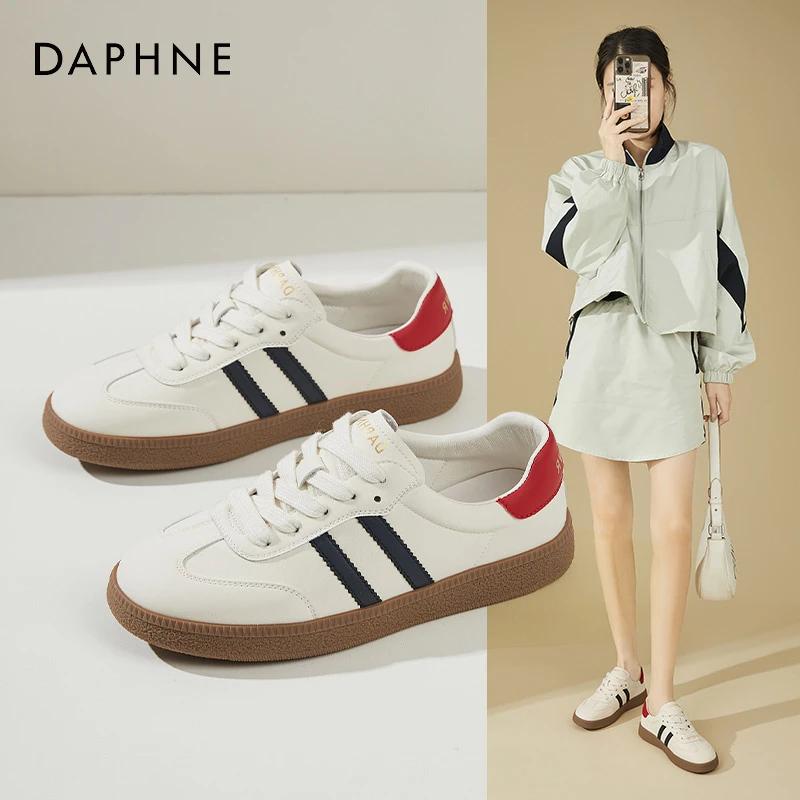 Daphne/达芙妮拼色系带小白鞋女百搭厚底休闲运动鞋轻便旅游鞋