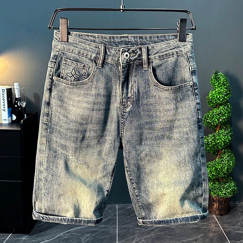百搭刺绣弹力牛仔短裤男夏季薄款复古做旧五分裤潮流休闲直筒中裤