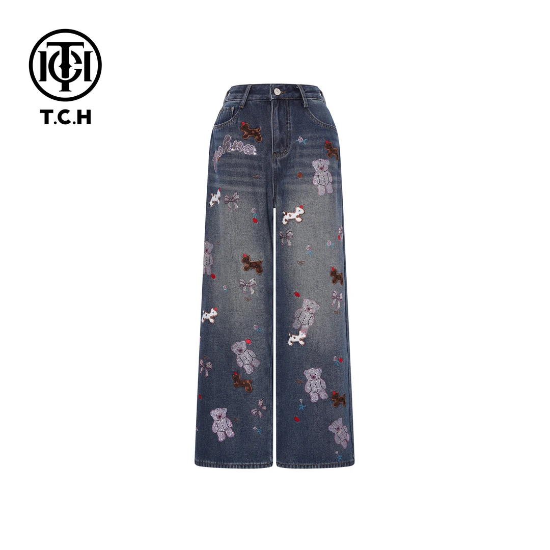 TCH【阔腿】冬款百搭时尚烫钻慵懒风牛仔蓝阔腿牛仔裤T75D20E1260