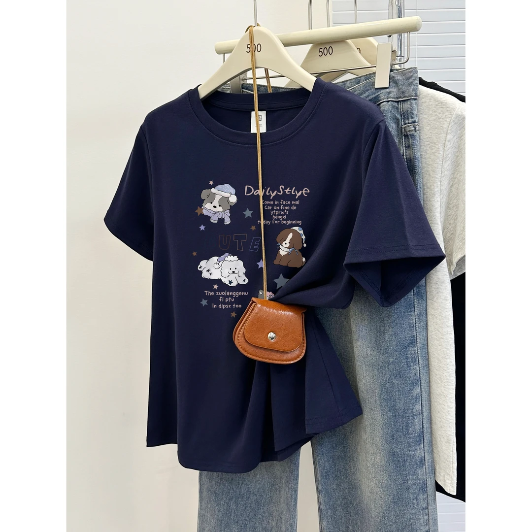 洋气小狗正肩藏蓝色短袖t恤女2025夏季新款胖mm大码遮肉圆领上衣