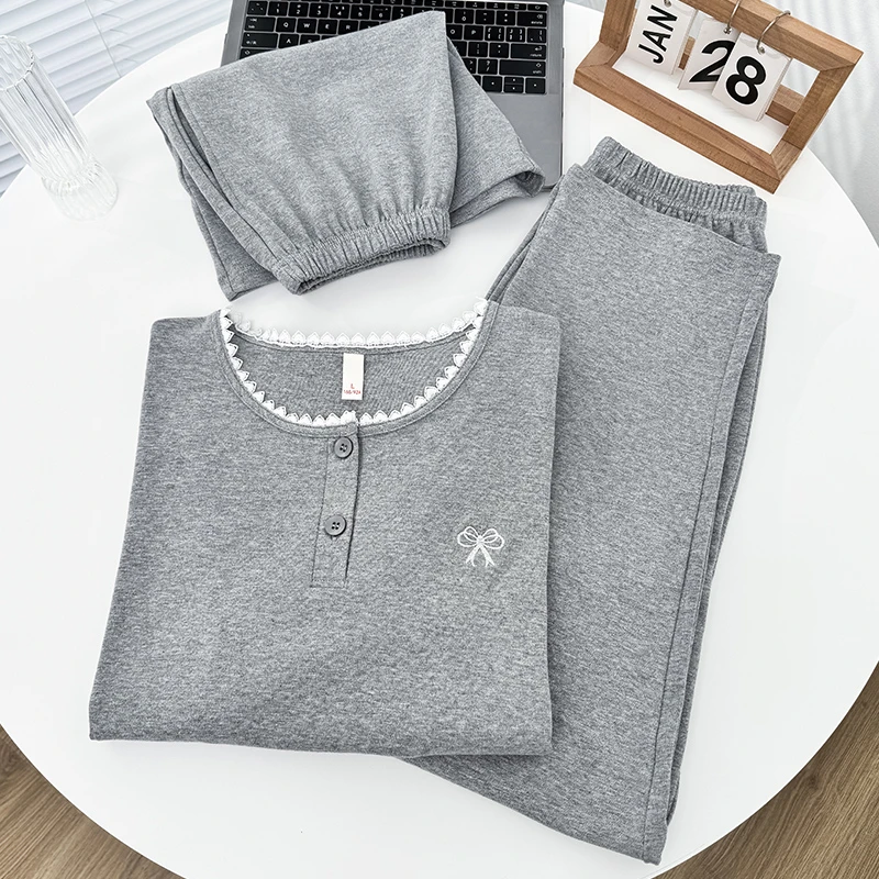 带胸垫纯棉短袖短裤长裤大码睡衣新款夏季女士可外穿学生韩版薄款