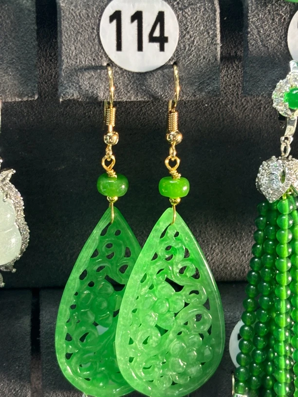 新款天然缅甸翡翠A货高冰大号水滴高定版大气时尚满绿耳饰 114