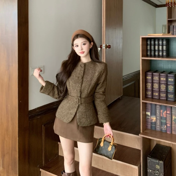 小香风复古圆领长袖毛呢外套女装秋季高级感宽松名媛气质开衫上衣