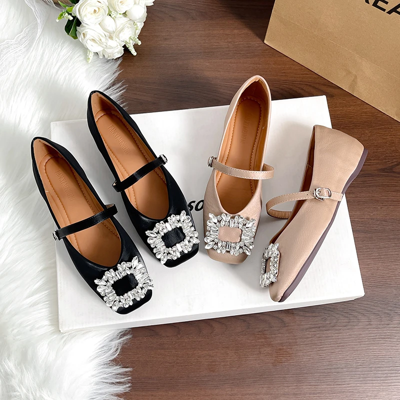 新款方头豆豆鞋春季软皮单鞋玛丽珍水钻中跟浅口套筒舒适百搭女鞋