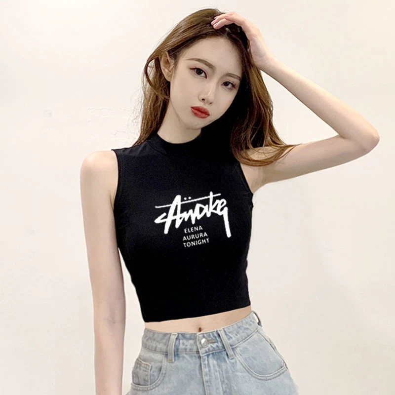 露脐吊带背心女印花夏短款高腰外穿无袖恤小高领显瘦通勤女装潮流