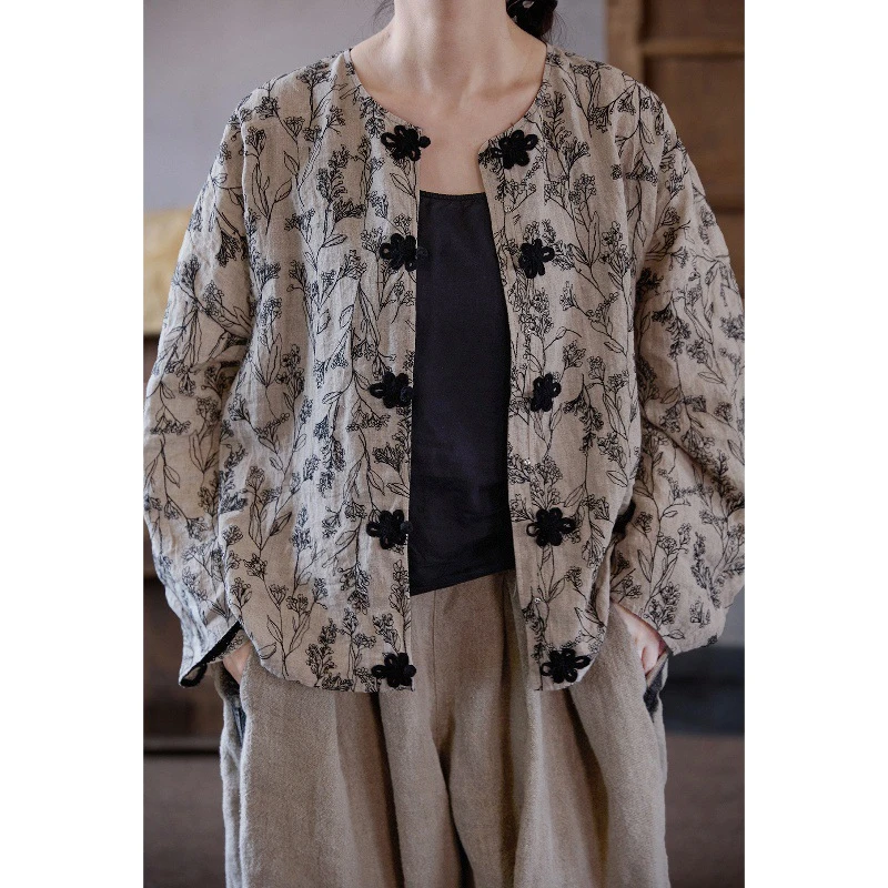 秋季新款文艺复古原创重榜墨绘花枝刺绣轻中式宽松轻薄衬衫