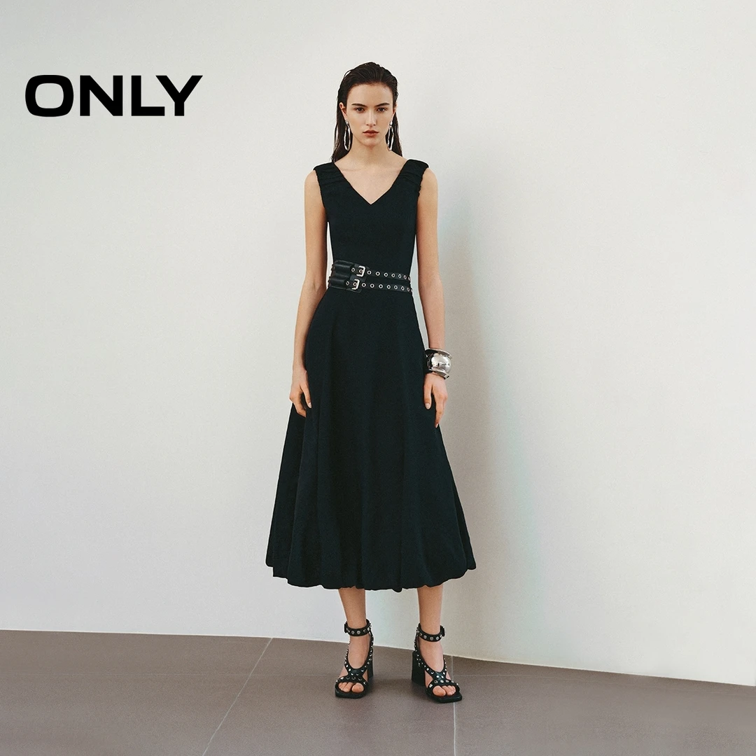 ONLY25春夏简约纯色V领无袖长裙花苞裙连衣裙女125207020