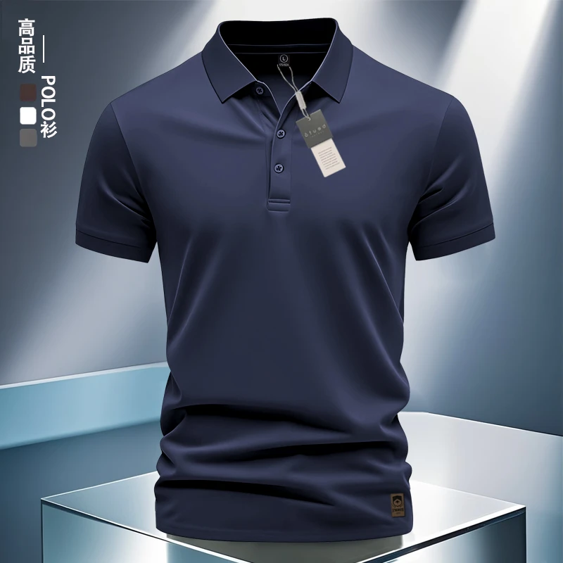 高端痞帅男装短袖POLO衫夏季男士t恤藏青色纯色翻领商务T恤凉感