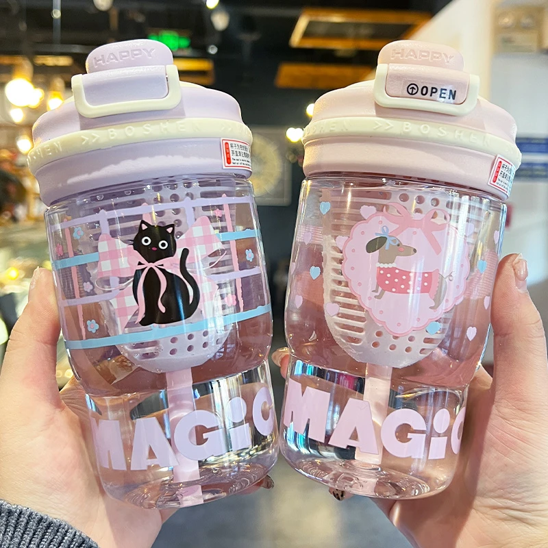 水杯女2025新款夏天高颜值吸管双饮杯子学生上学专用大容量带茶仓