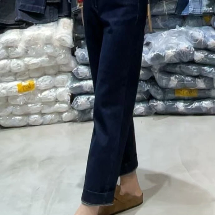 迷你早秋新款高腰直筒法棍牛仔裤小个子梨型身材显瘦百搭