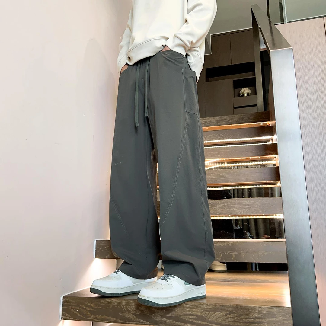 2025新款冰丝休闲裤男士夏季薄款宽松直筒阔腿长裤美式潮牌弯刀裤