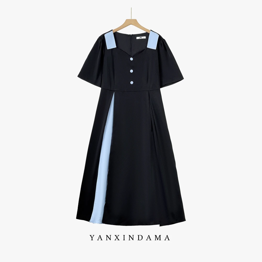 【岩心】大码女装300斤胖MM时尚通勤优雅风收腰方领A字连衣裙145