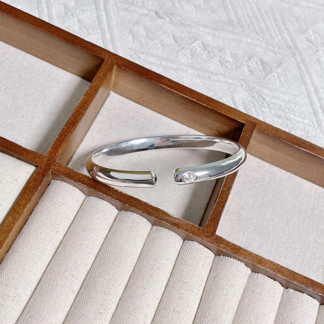 足银手镯 足银999.9镶钻锆石泥鳅背开口手镯经典时尚百搭简