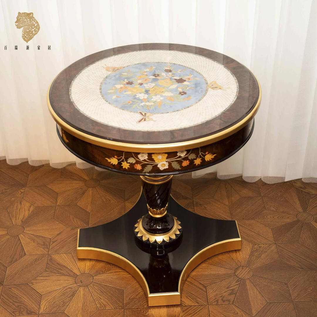 百瑞新经典法式实木圆边几客厅螺钿圆桌边桌茶几-YLSD-描金边几