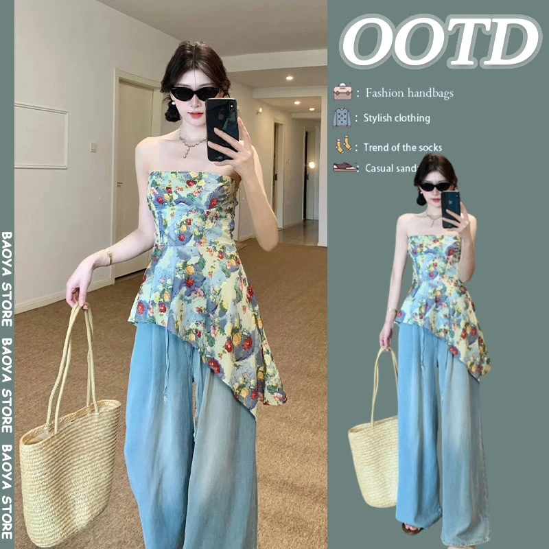 夏季搭配一整套2025新款时尚不规则碎花抹胸上衣阔腿牛仔裤两件套