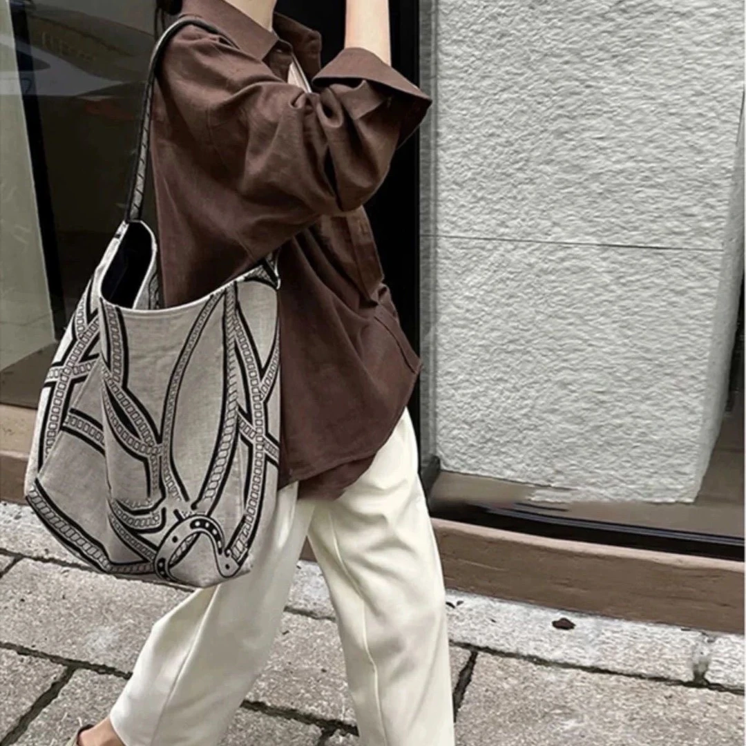 印花托特包包女2025新款复古大容量布袋包慵懒风休闲单肩腋下包潮