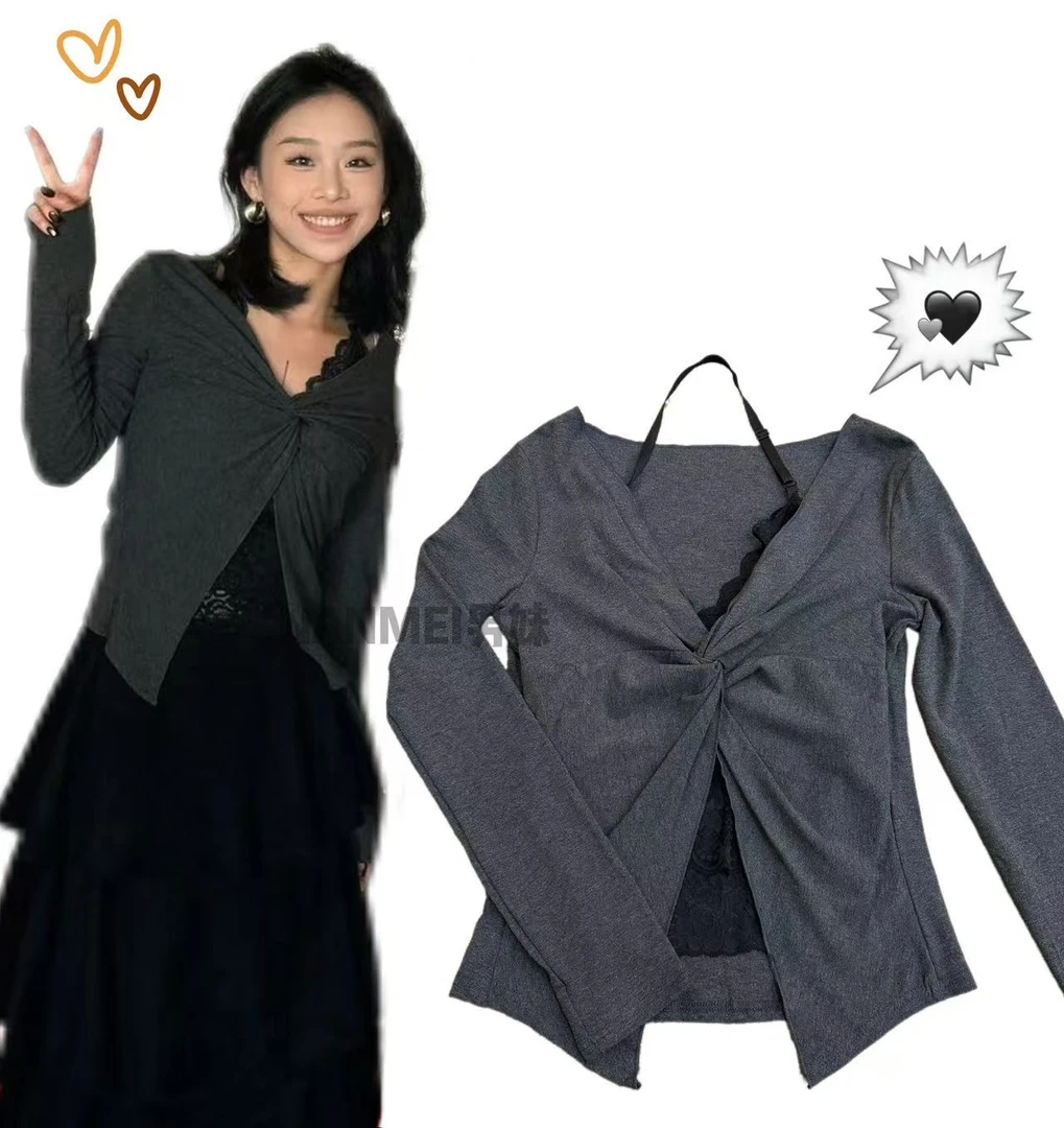 NM【小女人】挂脖蕾丝拼接假两件上衣