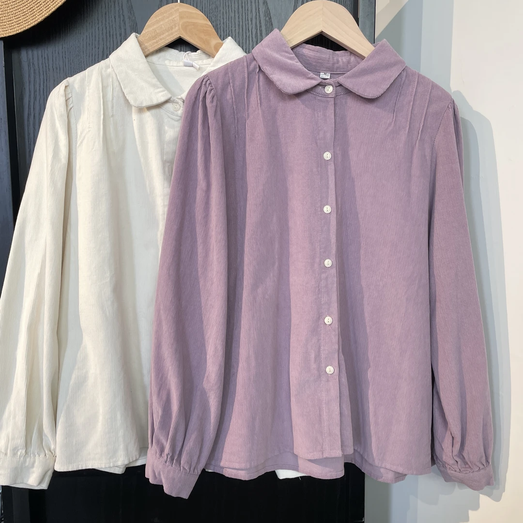 灯芯绒·港风时髦秋冬新款长袖衬衫褶皱翻领纽扣开衫正肩衬衫上衣