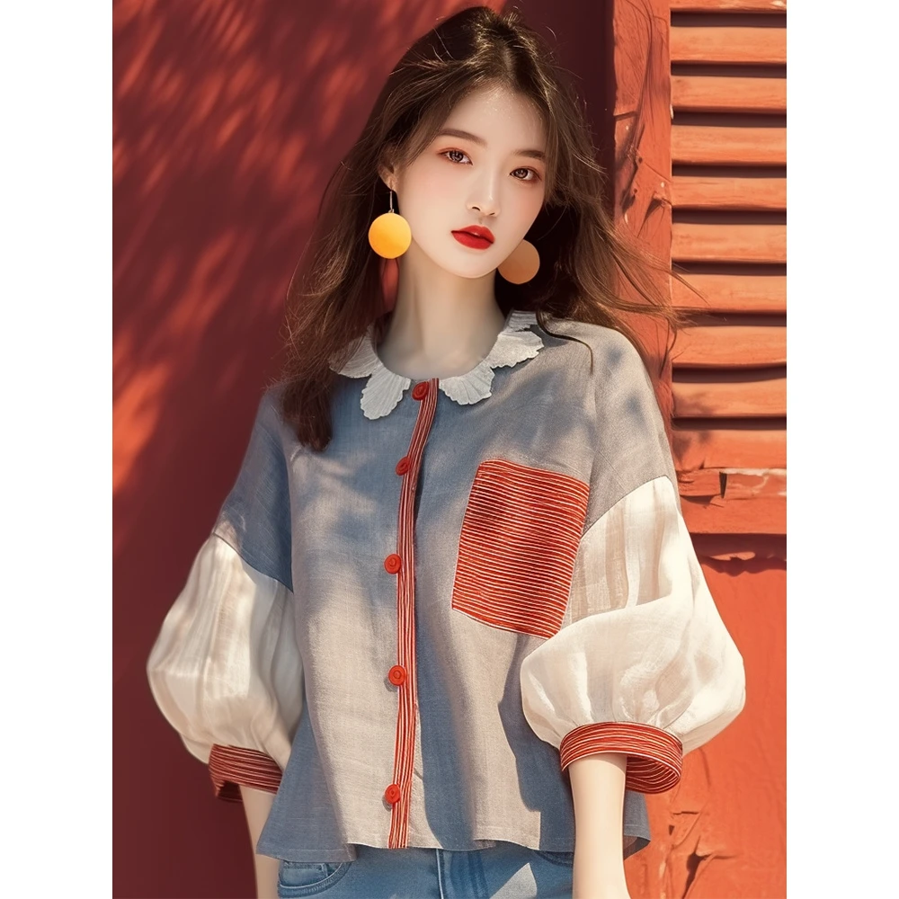 2024早秋新款独特漂亮上衣小众超好看韩系减龄蓝色灯笼袖长袖衬衫