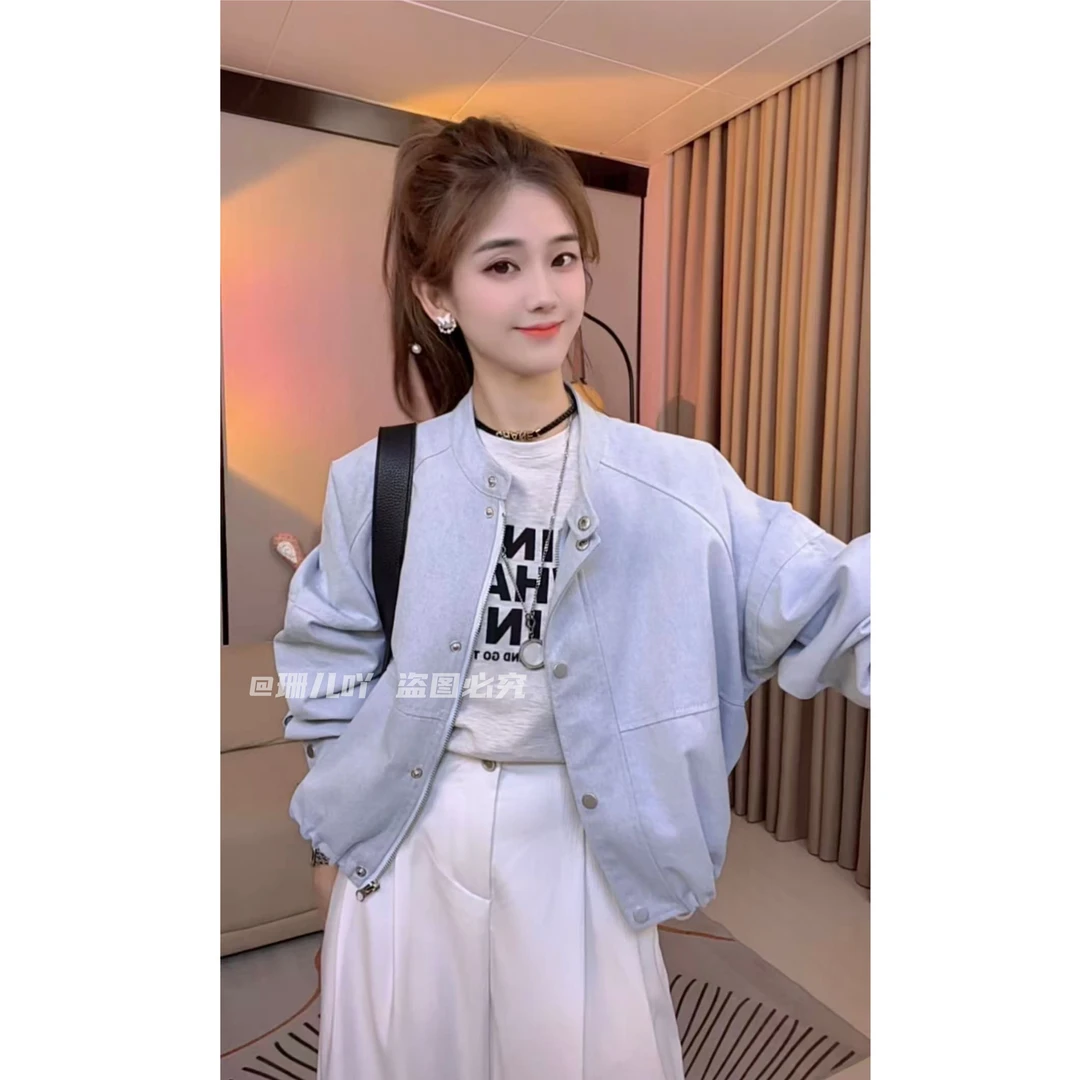早秋韩系蓝色别致松弛感外套女新款小个子宽松休闲百搭小众夹克潮