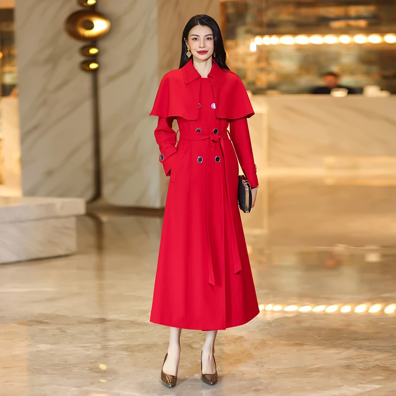 斗篷风衣气质时尚春秋新款过膝女装红色洋气外套收腰显瘦高级感