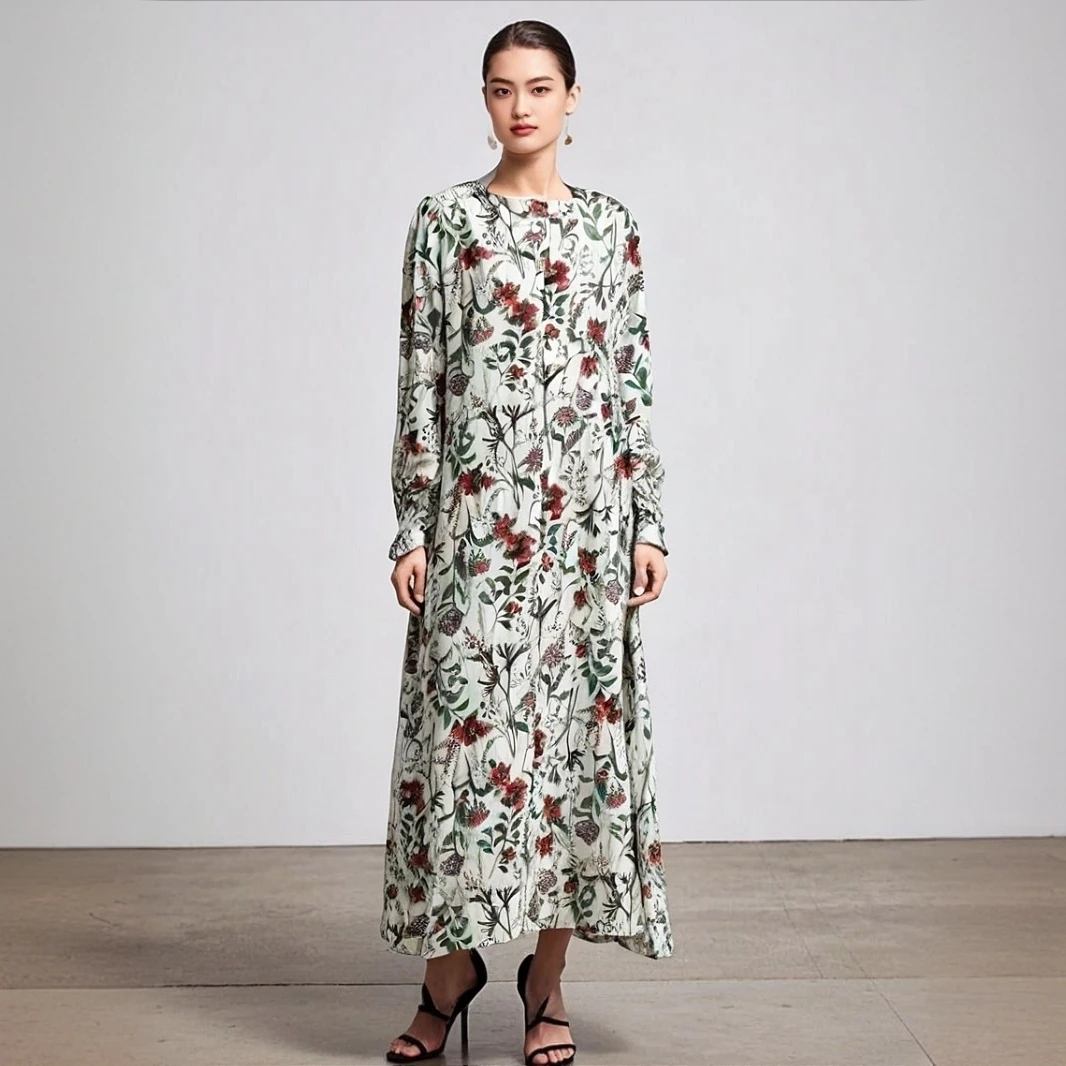 夏季长袖长裙纽扣印花满印连衣裙圆领显瘦百搭25073146