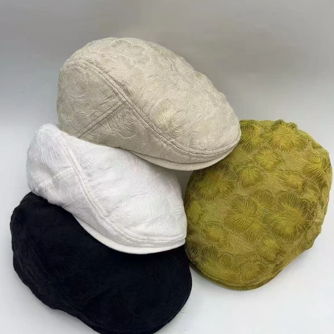 前进帽复古文艺贝雷帽做旧春夏咖色米色棉麻腰果印花女士鸭舌帽