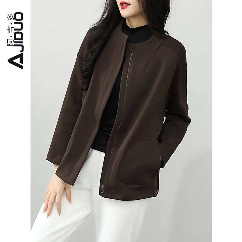 阿吉多长袖外套女春秋新款棕色美拉德风穿搭高级感简约气质上衣
