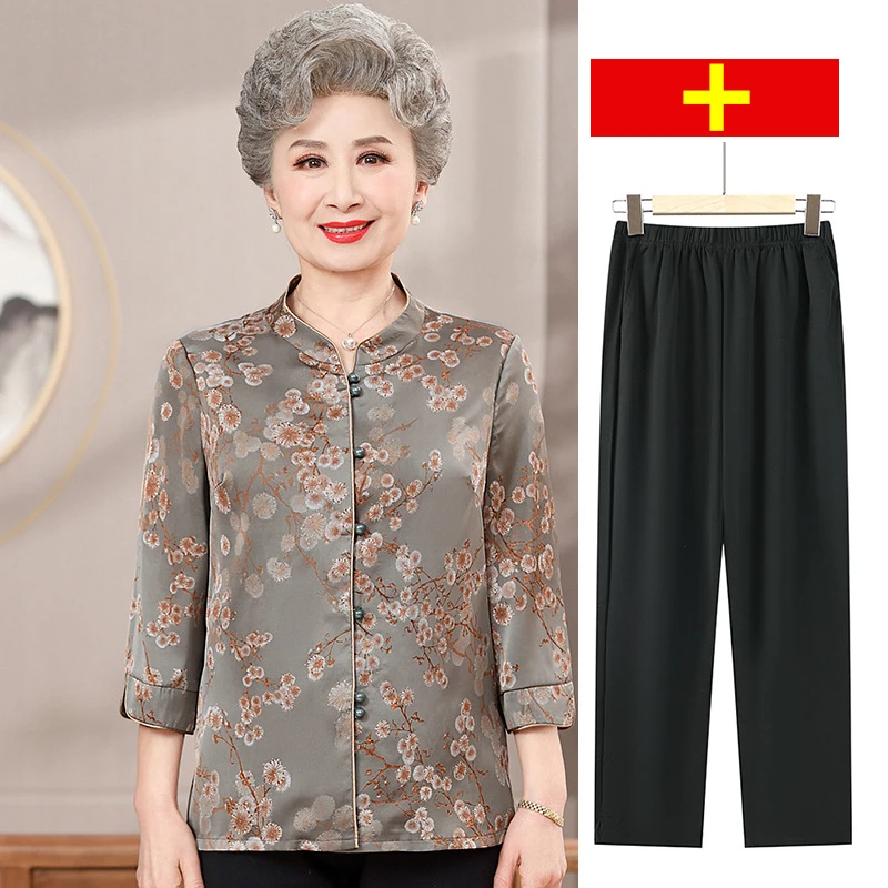 老年人春夏装女七分袖衬衣60岁中国风老太太奶奶夏季新款套装衬衫