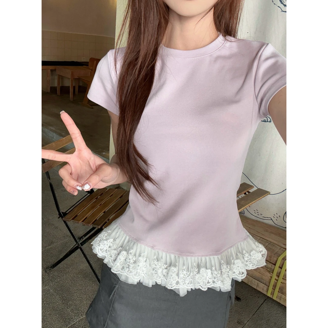 甜美纯欲蕾丝下摆打底上衣女夏季高级感减龄内搭正肩显瘦短袖T恤